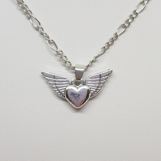 Silver Angel Wings Flying Heart Necklace