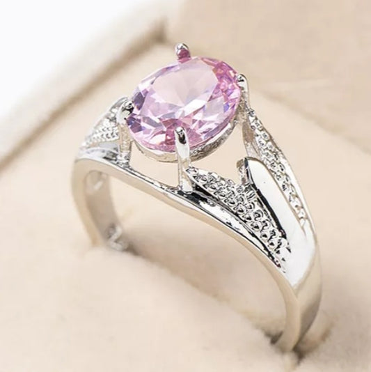 Fashion Silver Pink Oval Crystal Ring