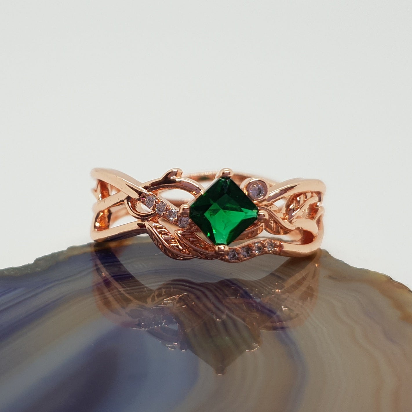 Rose Gold Green Stone Vine Band Ring