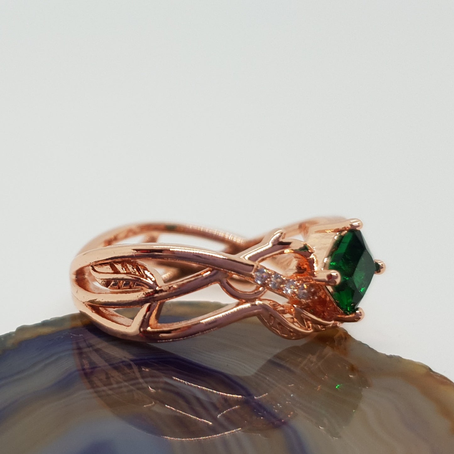 Rose Gold Green Stone Vine Band Ring