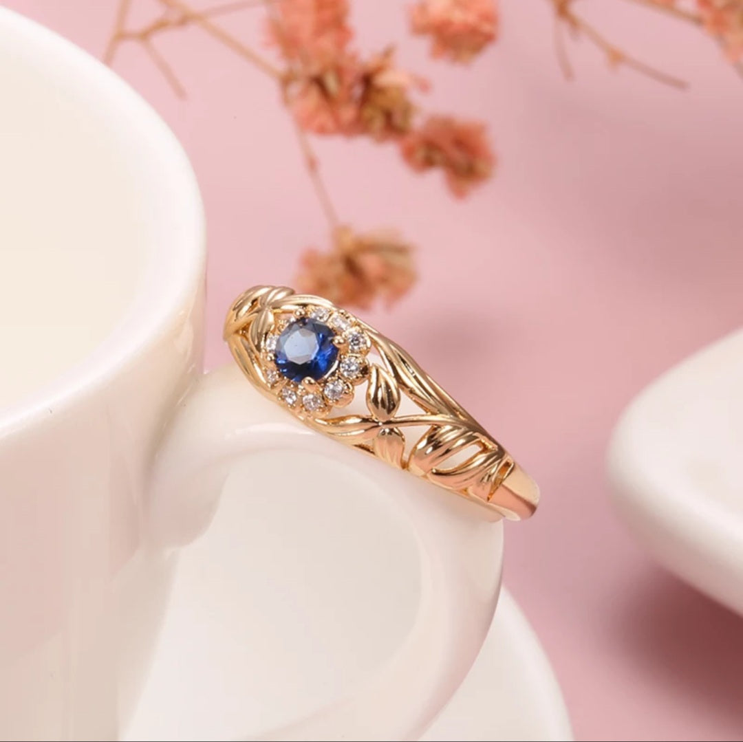 Rose Gold Hollow Blue Crystal Flower Ring