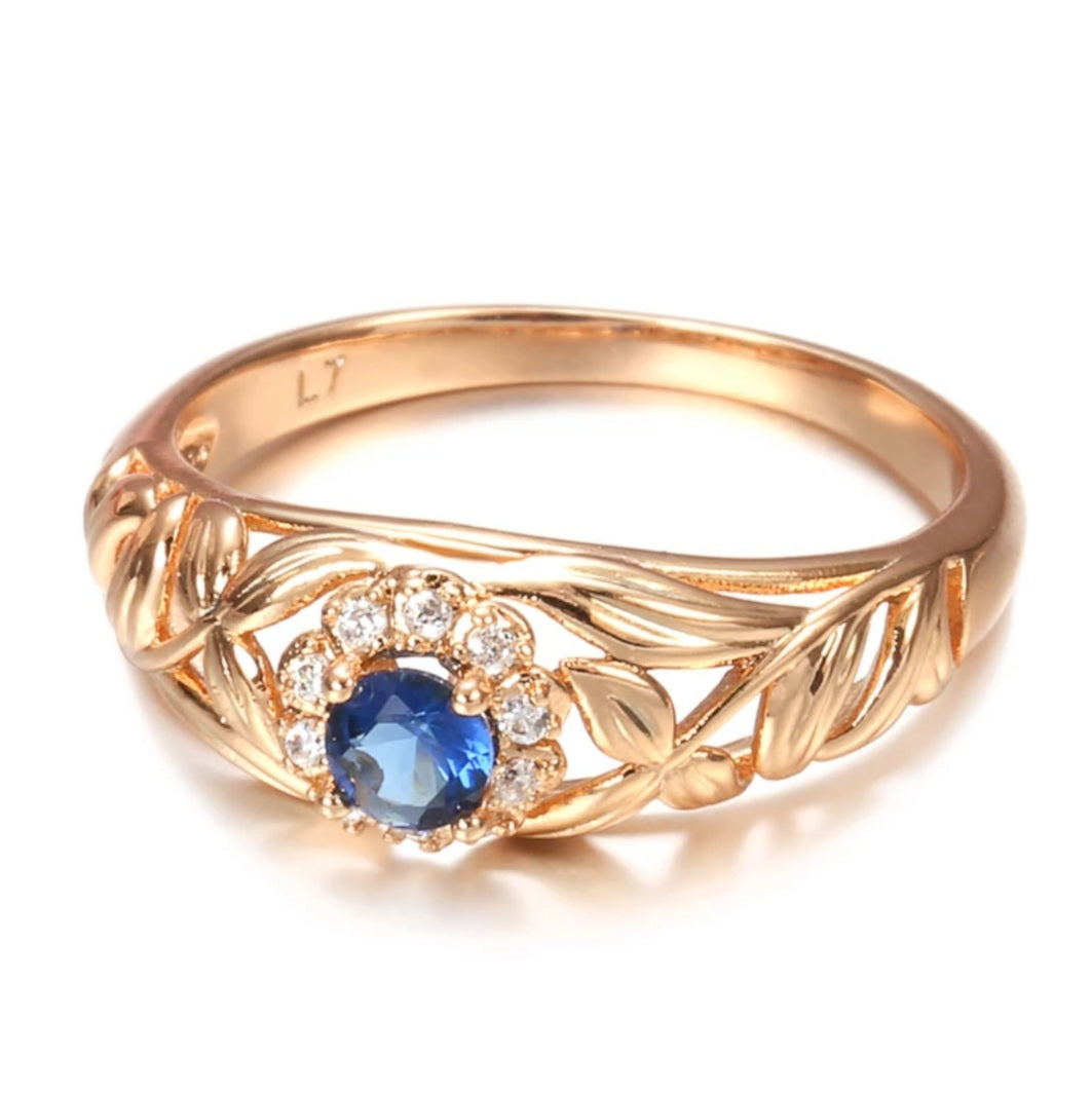 Rose Gold Hollow Blue Crystal Flower Ring