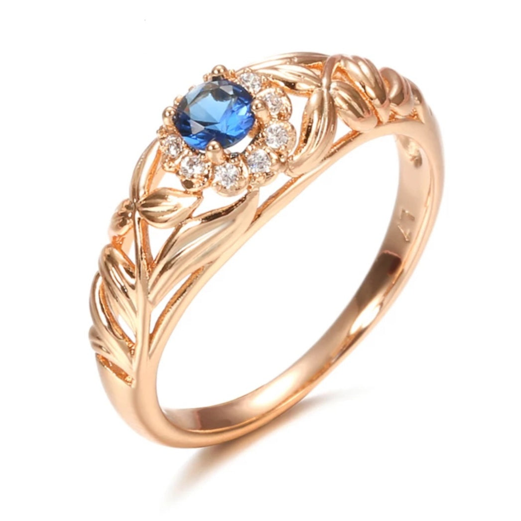 Rose Gold Hollow Blue Crystal Flower Ring