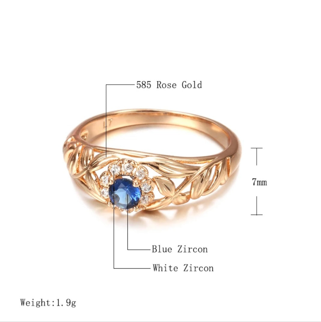 Rose Gold Hollow Blue Crystal Flower Ring