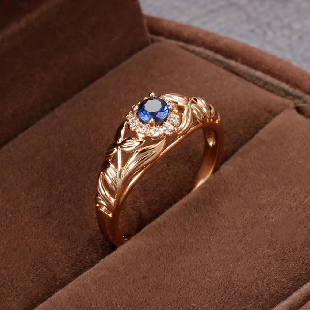 Rose Gold Hollow Blue Crystal Flower Ring