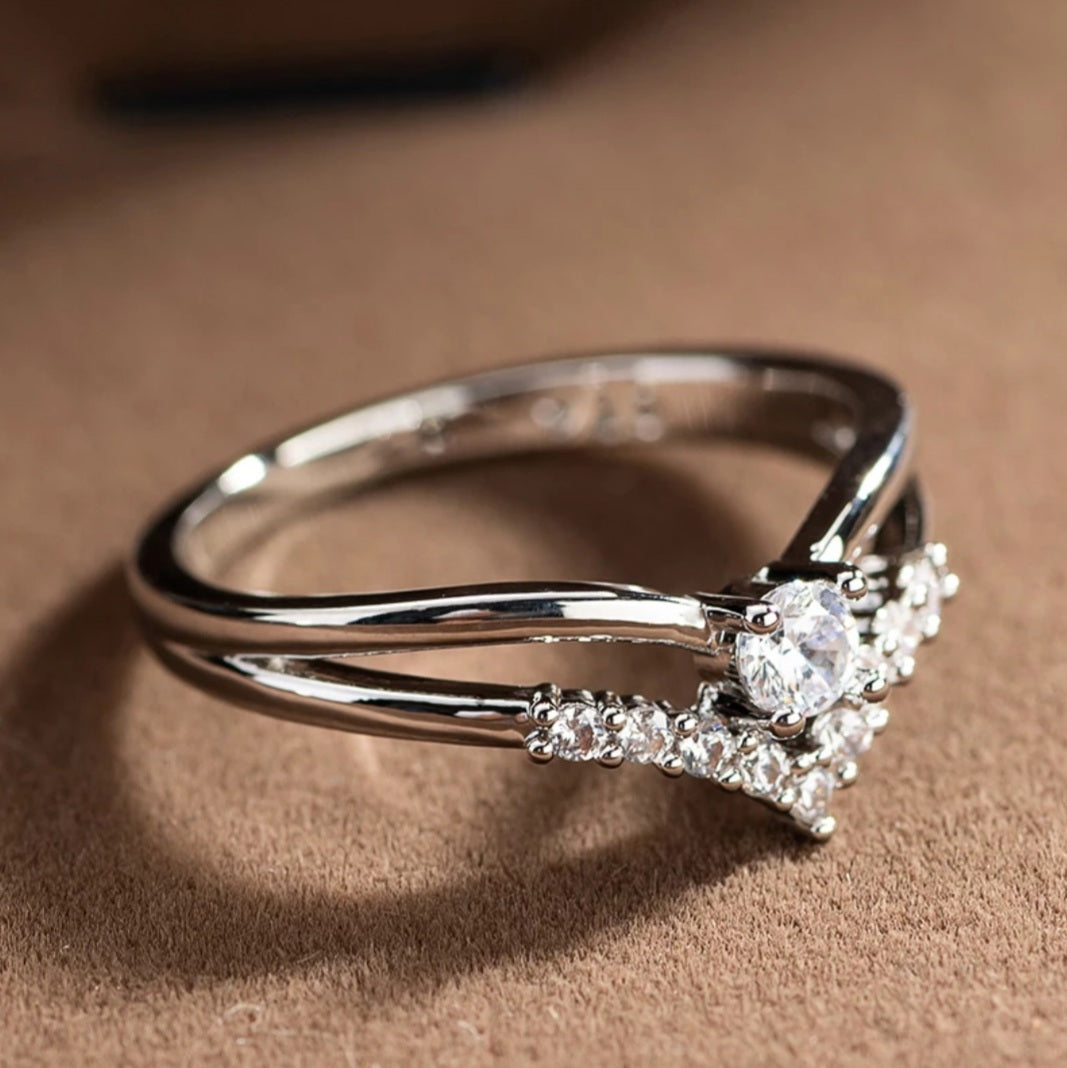 Silver Cubic Zirconia V Shaped Ring