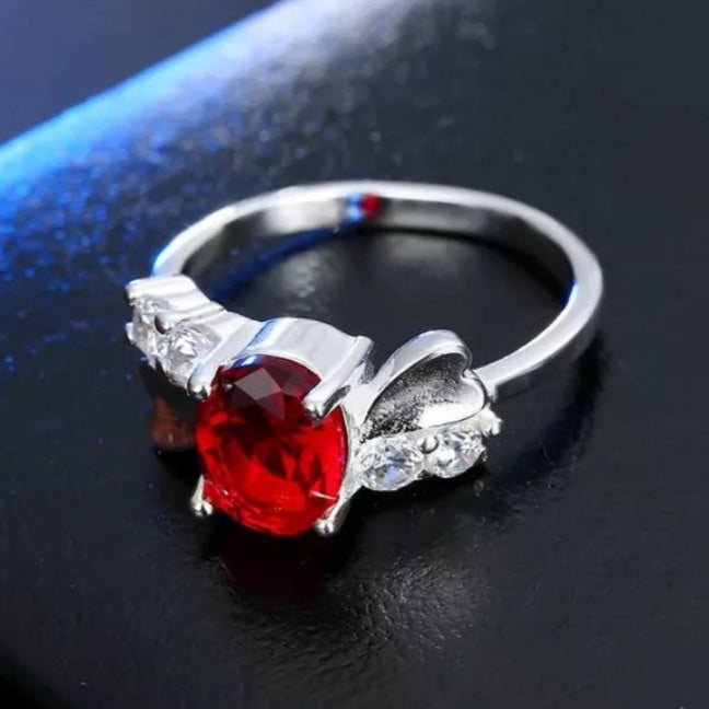 925 Sterling Silver Red Oval Zircon Ring