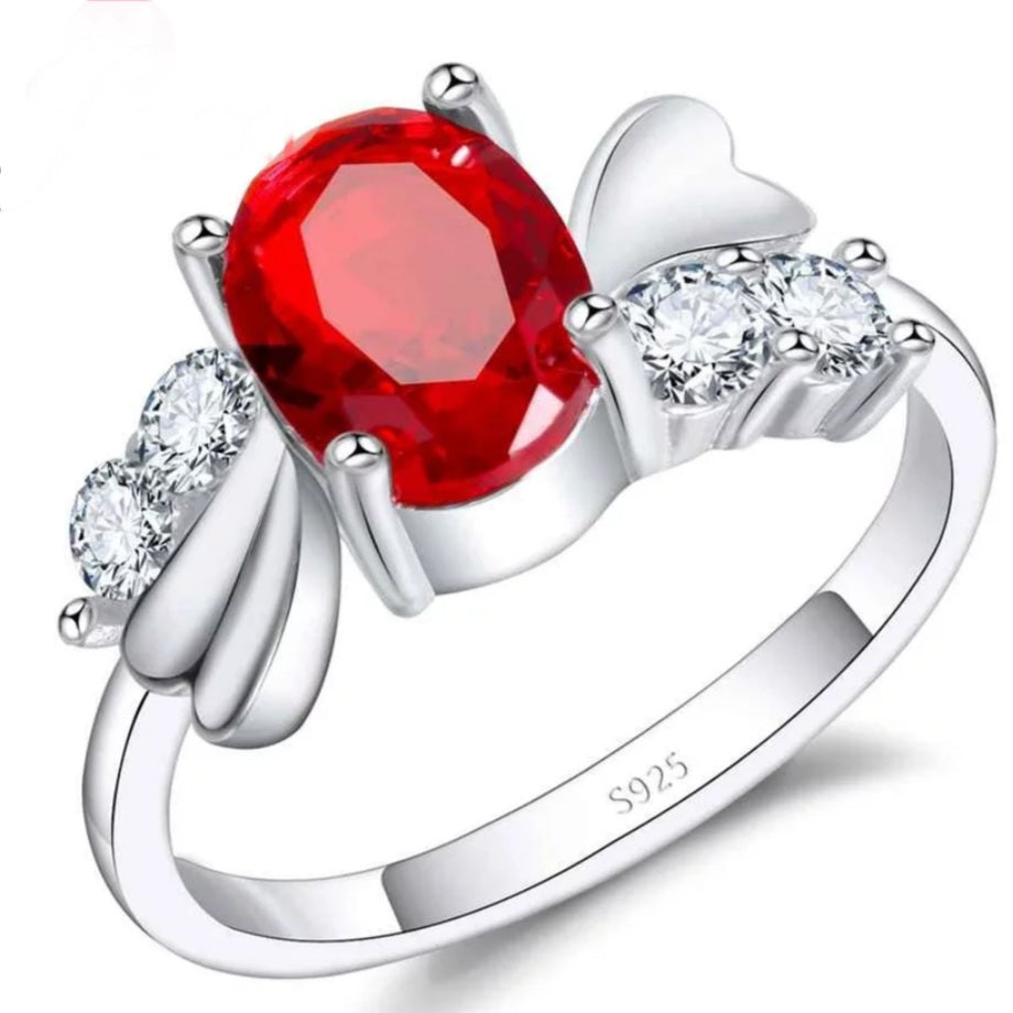 925 Sterling Silver Plated Red Cubic Zirconia Rhinestones Ring