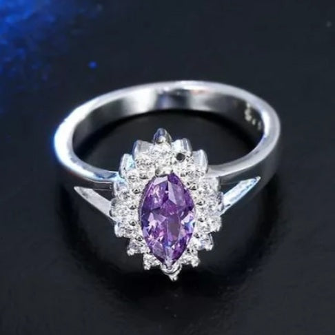 925 Sterling Silver Purple Marquise Flower Ring