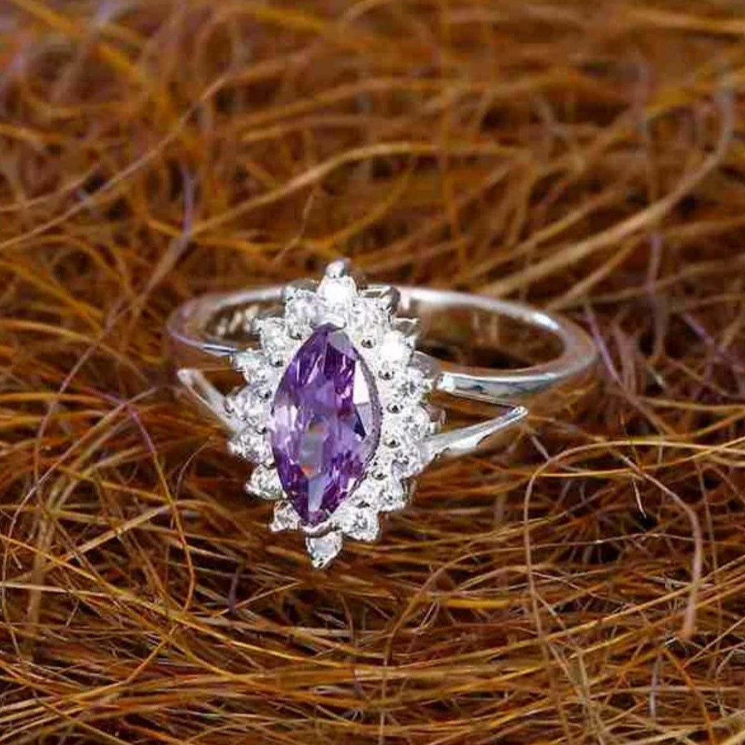 925 Sterling Silver Purple Marquise Flower Ring