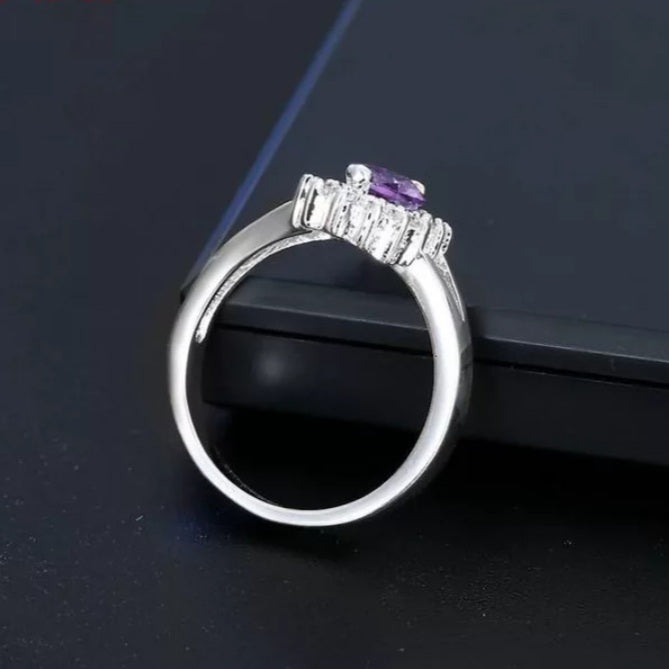 925 Sterling Silver Purple Marquise Flower Ring