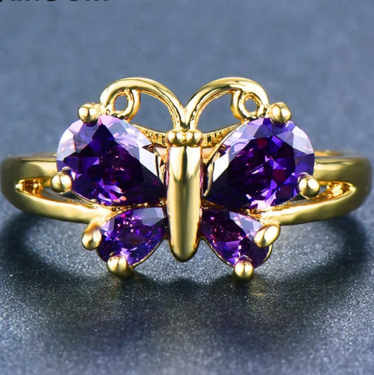 Yellow Gold Teardrop Zircon Butterfly Ring