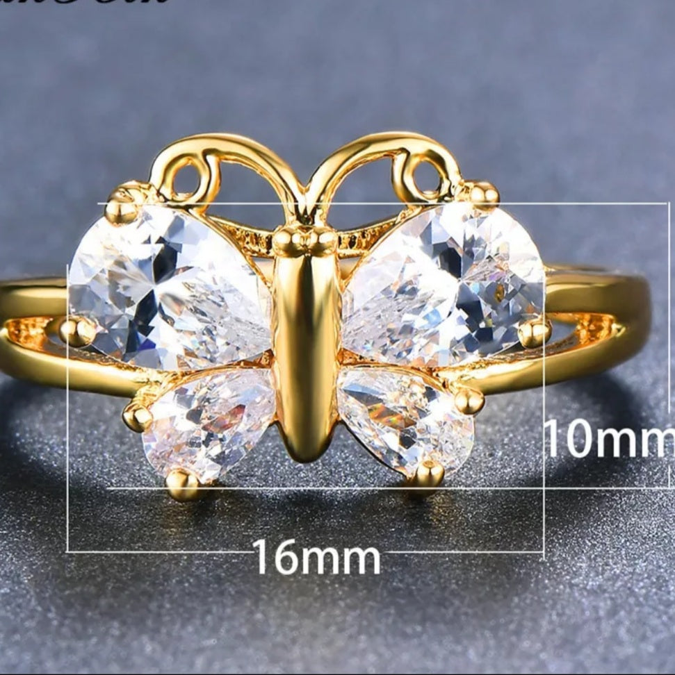 Yellow Gold Teardrop Zircon Butterfly Ring