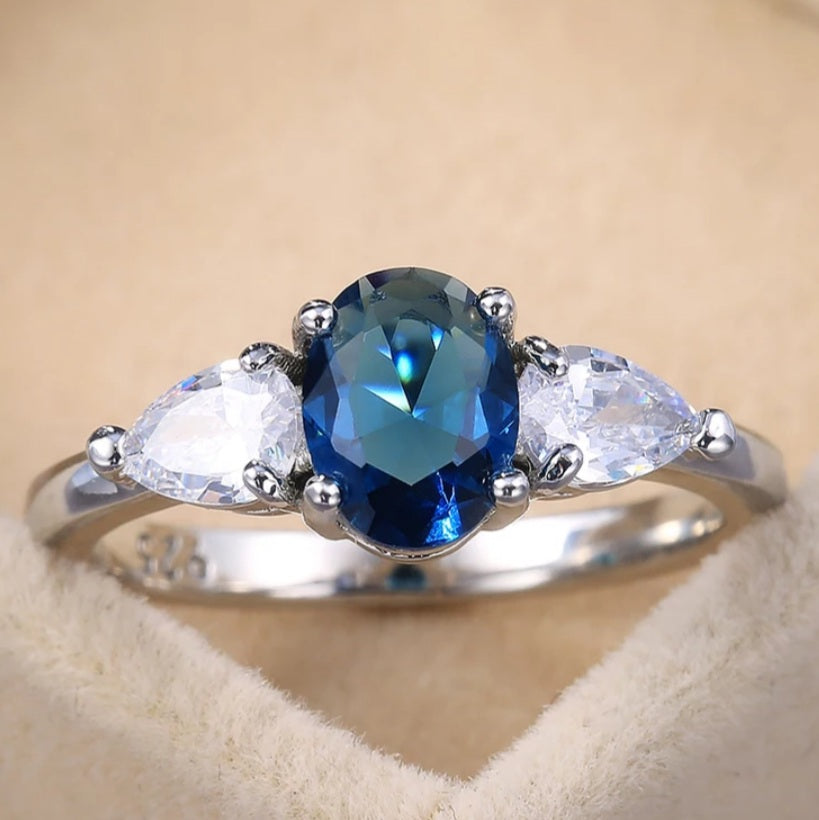 Silver Simple Elegant Blue Cubic Zirconia Ring