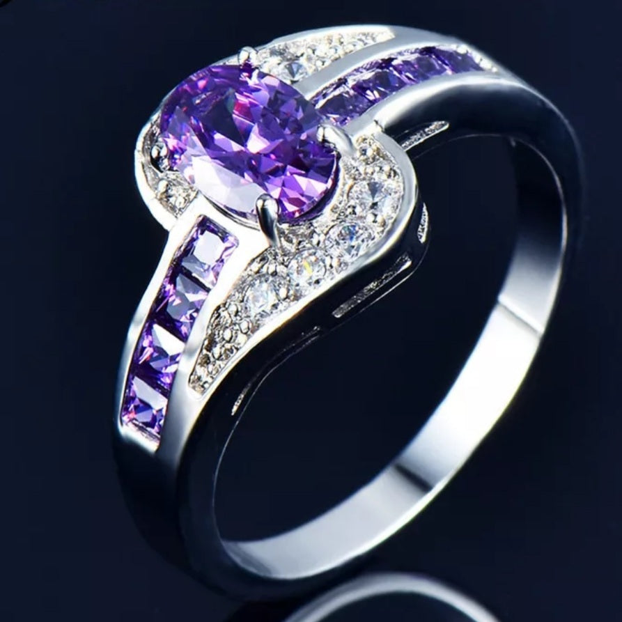 10K White Gold Filled Oval Purple Zircon Ring