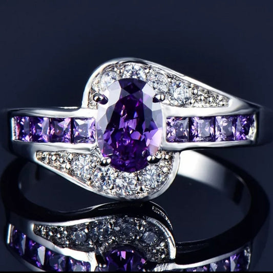 10K White Gold Filled Oval Purple Zircon Ring